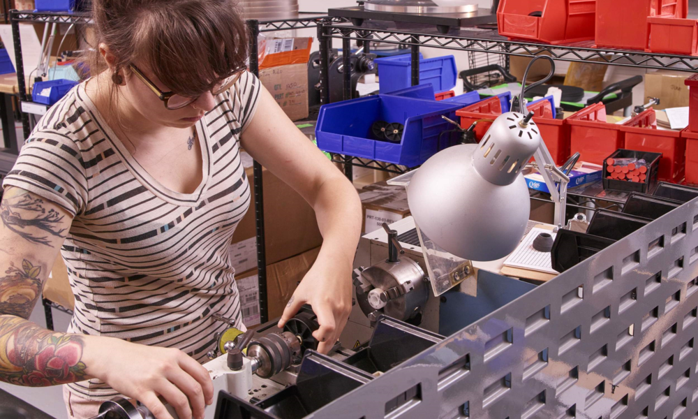 A lathe being used to build spindle assemblies